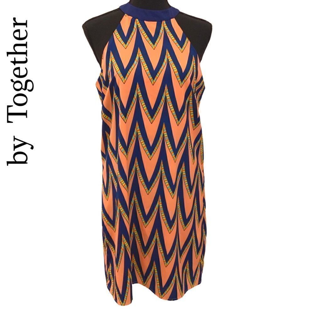 Bright and bold halter a-line midi blue and orange dress womens size M